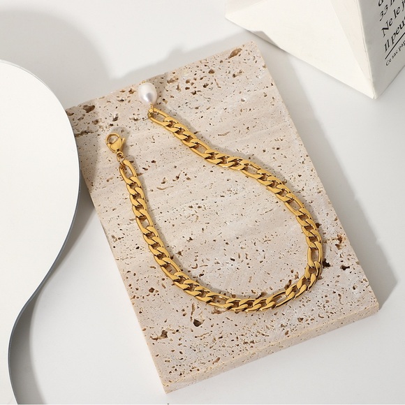 18K Gold Plated Chunky Figaro Chain Anklet*Freshwater Pearl*Linked Chain*JD - Picture 2 of 6